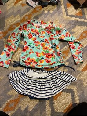 Ruffle Butts Aqua Floral Rash Guard and Navy Stripe Skirted Bottoms 3t